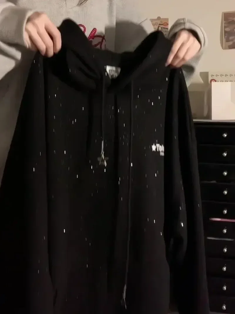 الكورية نمط Preppy الأسود ستار رسالة شارع العليا معاطف Y2k مقنعين الجرونج سوداديرا موهير البلوز سحاب أكمام طويلة