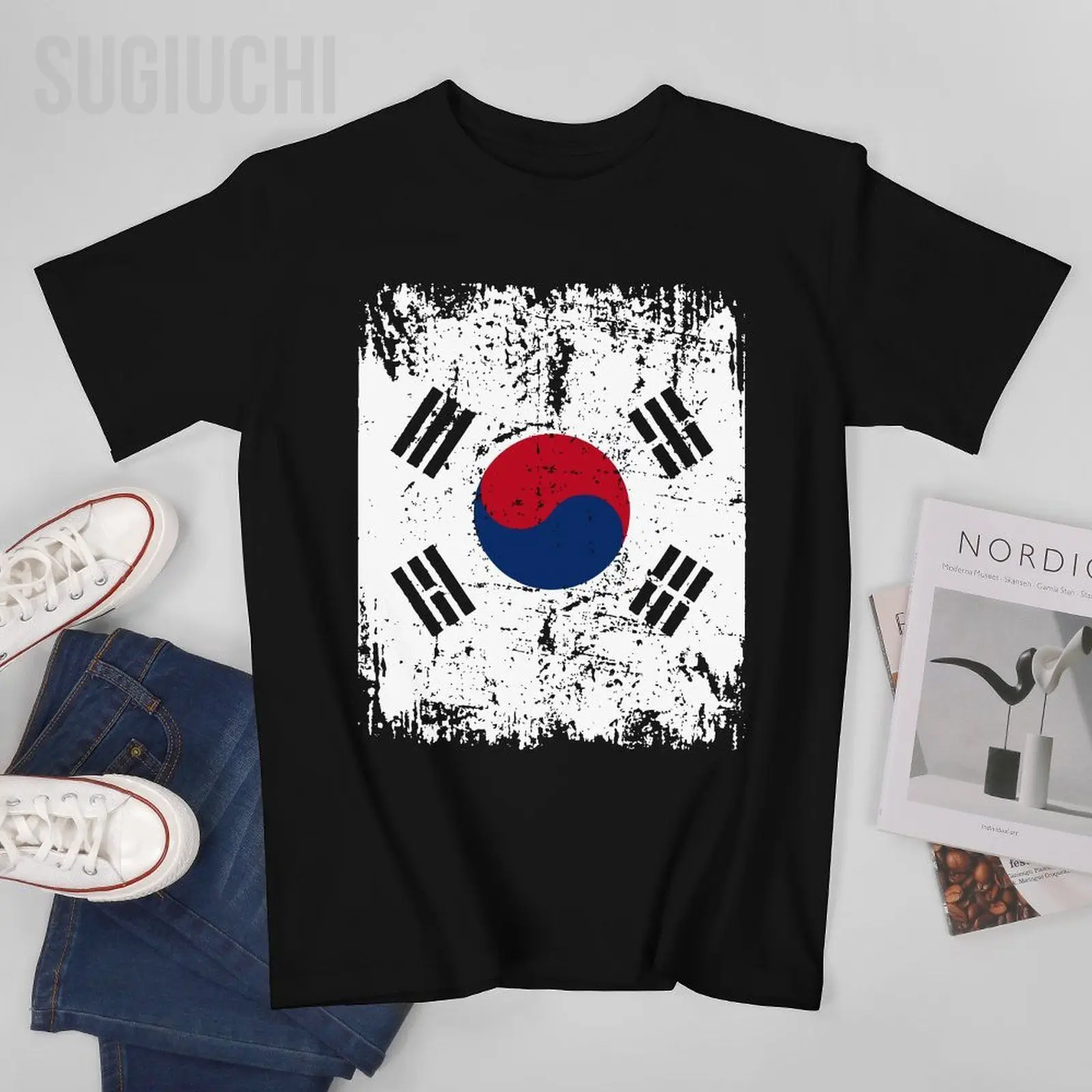 

Мужская винтажная футболка с флагом ЮЖНОГО КОРЕА, футболки с круглым вырезом, короткая футболка из 100% хлопка для женщин и мальчиков, унисекс