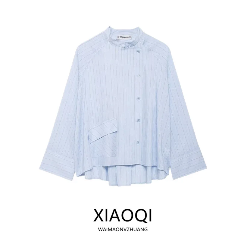 

Весна-Лето 2026: Новая женская блузка с длинным рукавом, круглым вырезом, в полоску, с карманом, модный повседневный стиль, свободный крой