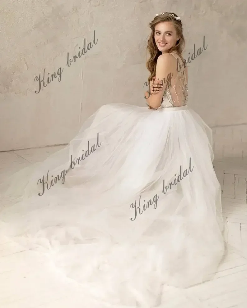 Vestido de noiva com decote em v personalizado marfim sem mangas vestido de noiva tule vestido de casamento aberto nas costas simples vestido de casamento de praia