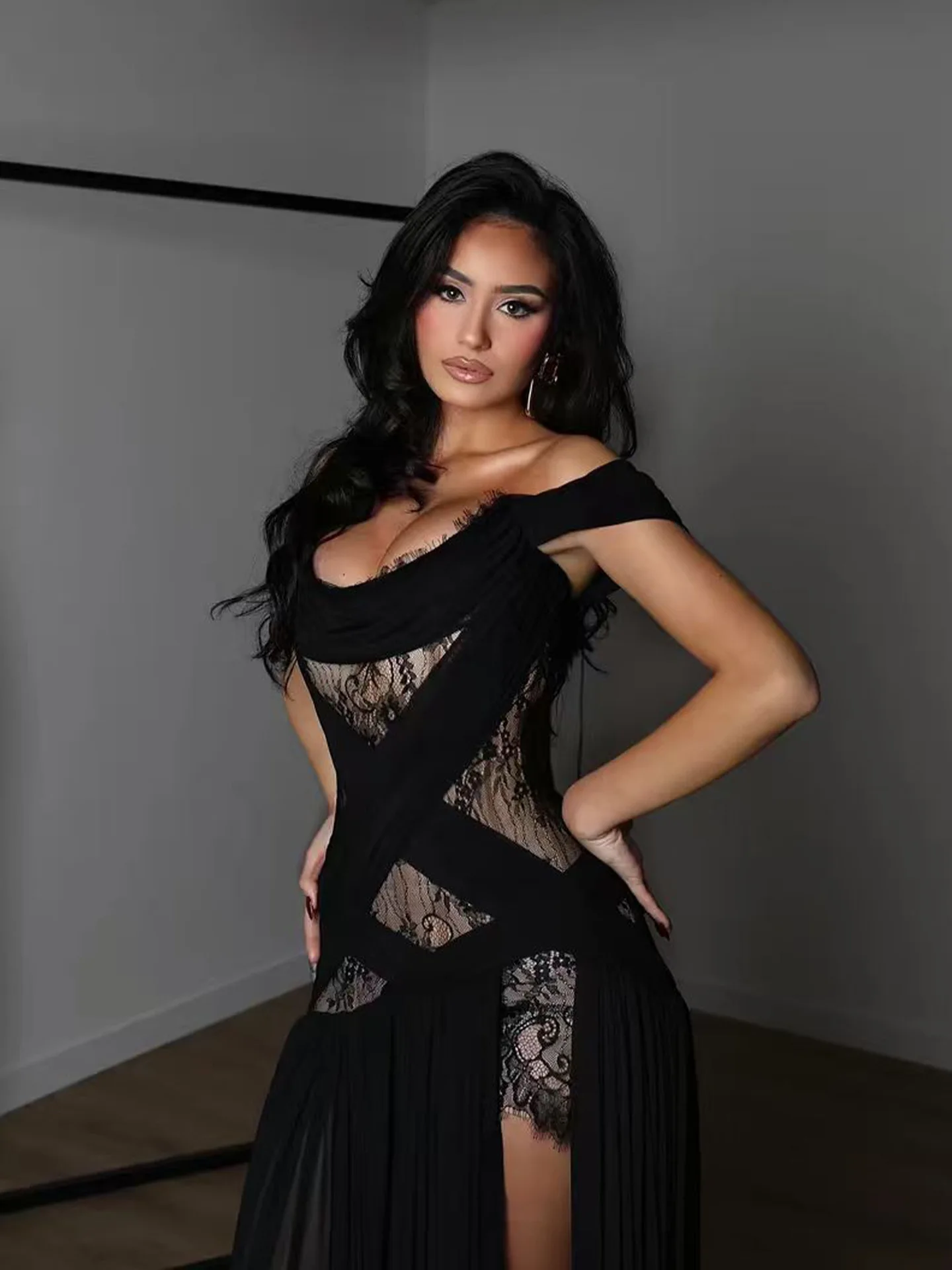 Robe longue élégante en dentelle patchwork avec fente, sexy, épaules dénudées, taille haute, nouvelle tendance, pour soirée Y2K