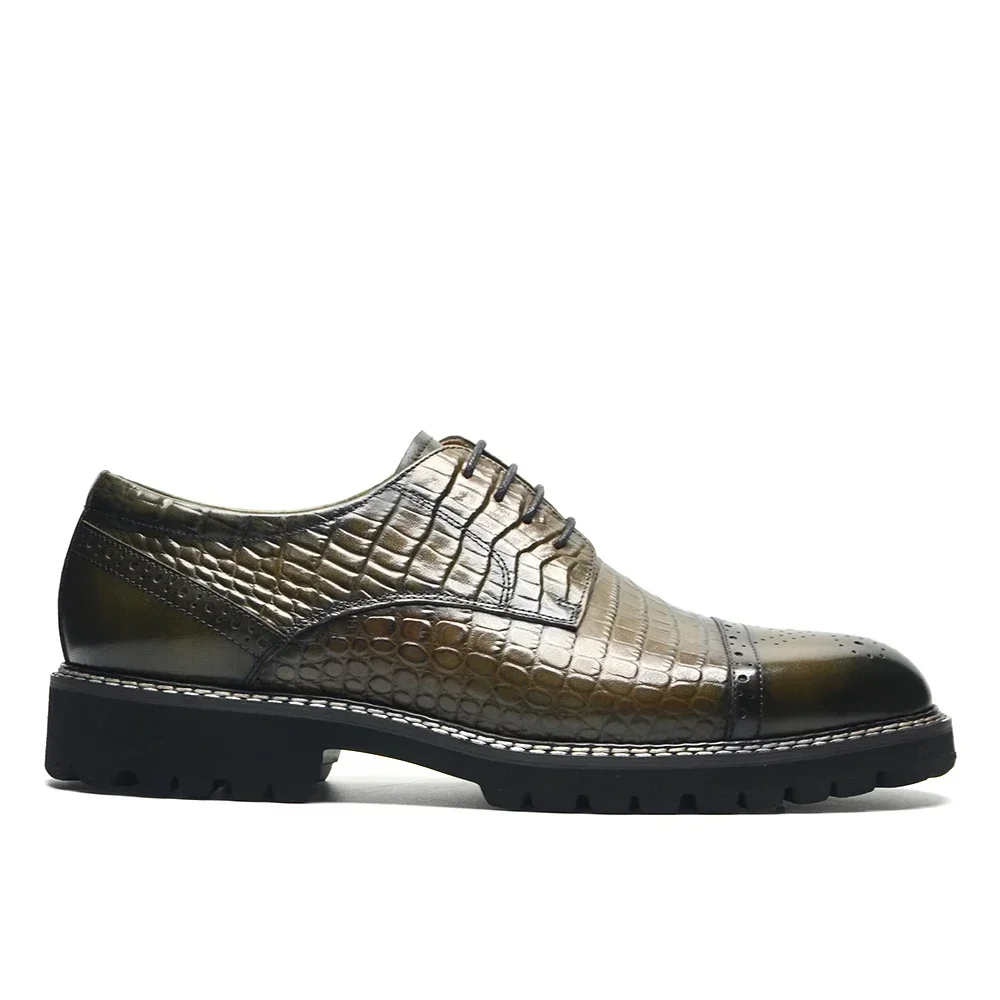 Luxury Men\'s Derby Dress Shoes Elegant Crocodile Print EVA Comfortable Sole Real Cow Leather Cap Toe Casual Oxford Sneakers