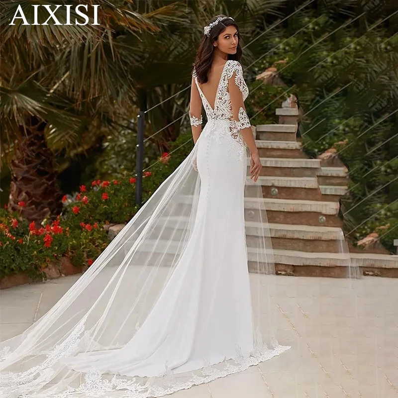 Robe De mariée pour femmes, col en v, manches mi-longues, dos nu