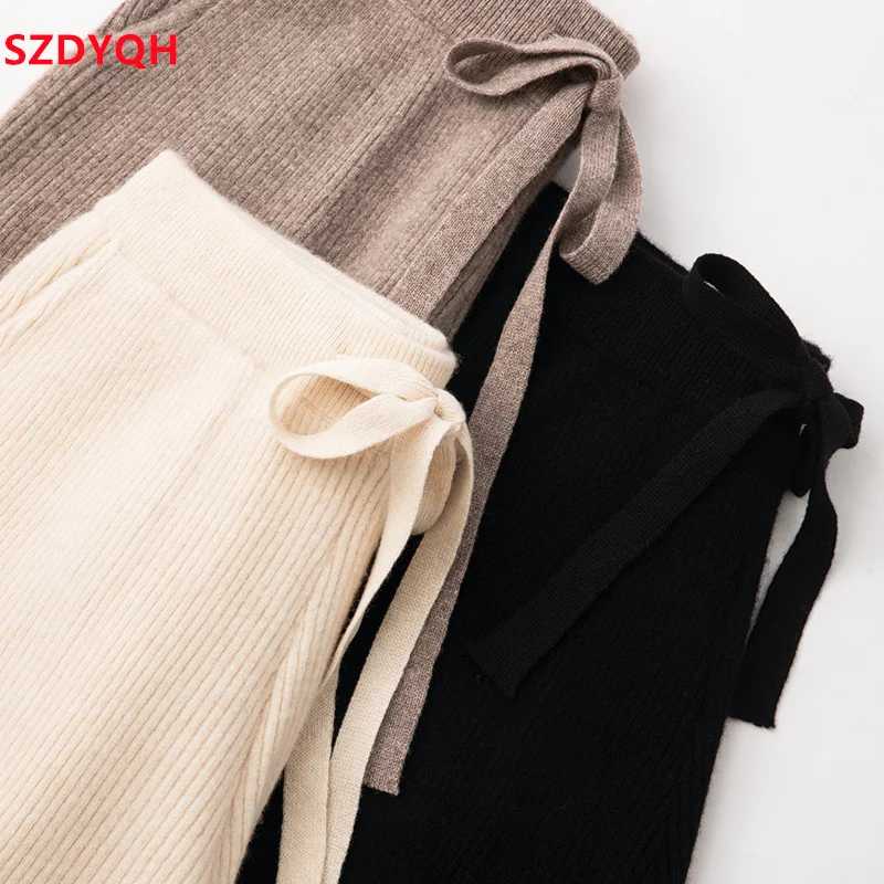 2023 Autumn Winter Women 100% Wool Pants Soft Waxy Comfortable High-Waist Knitted Trousers Female Casual Thicken Wide Leg Pants