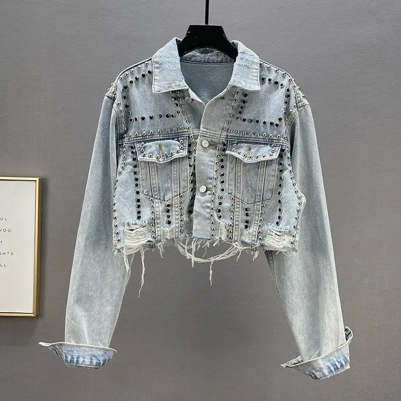Chaqueta vaquera para mujer con remaches y aberturas, estilo europeo americano, nueva, resistente, con cuentas y tachuelas metálicas, abotonada, corta, estilo cowboy.