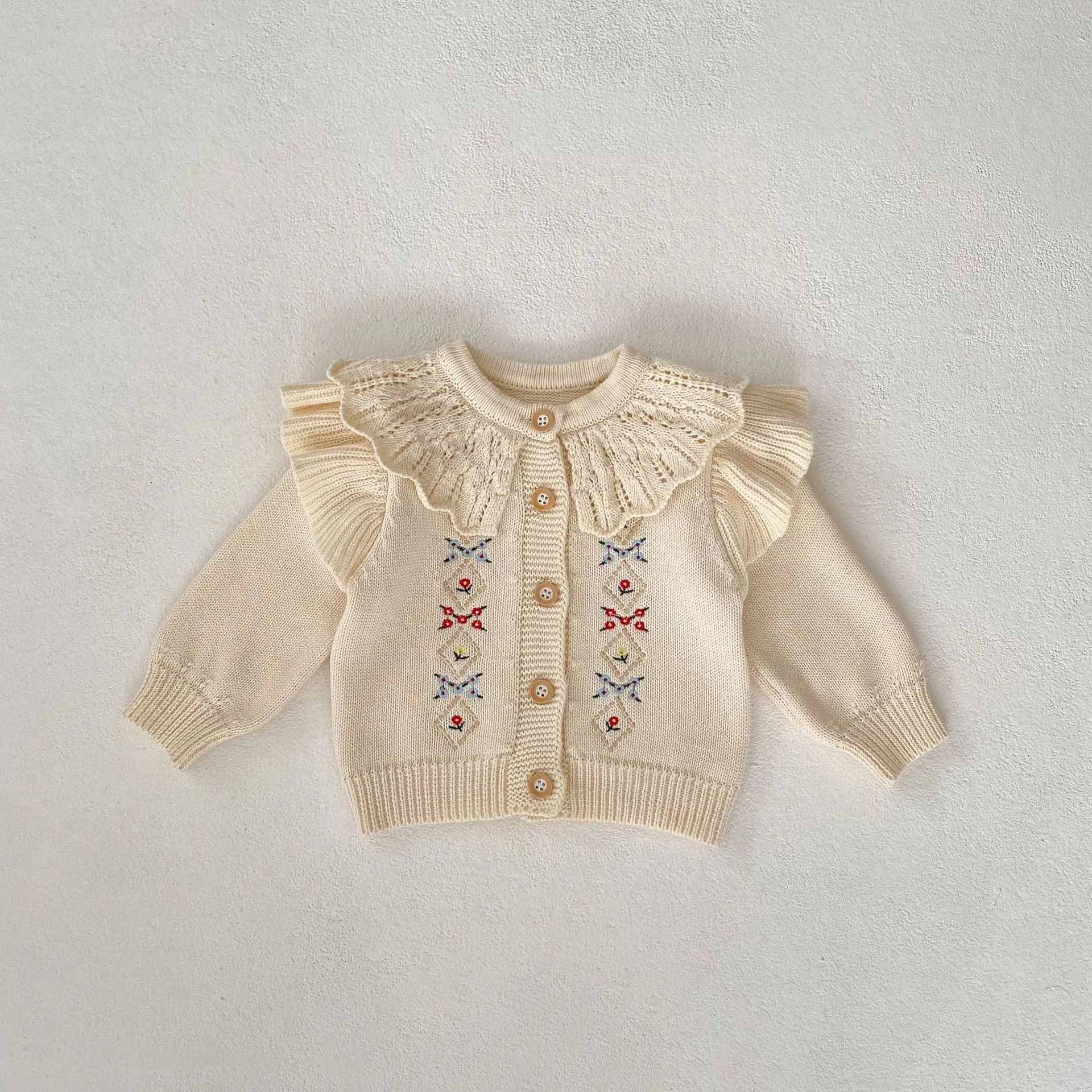 

2024 Spring New Girl Baby Lotus Collar Fly Sleeves Embroidery Flower Sweater Boy Infant Cotton Cardigan Tops Kid Fashion Jackets