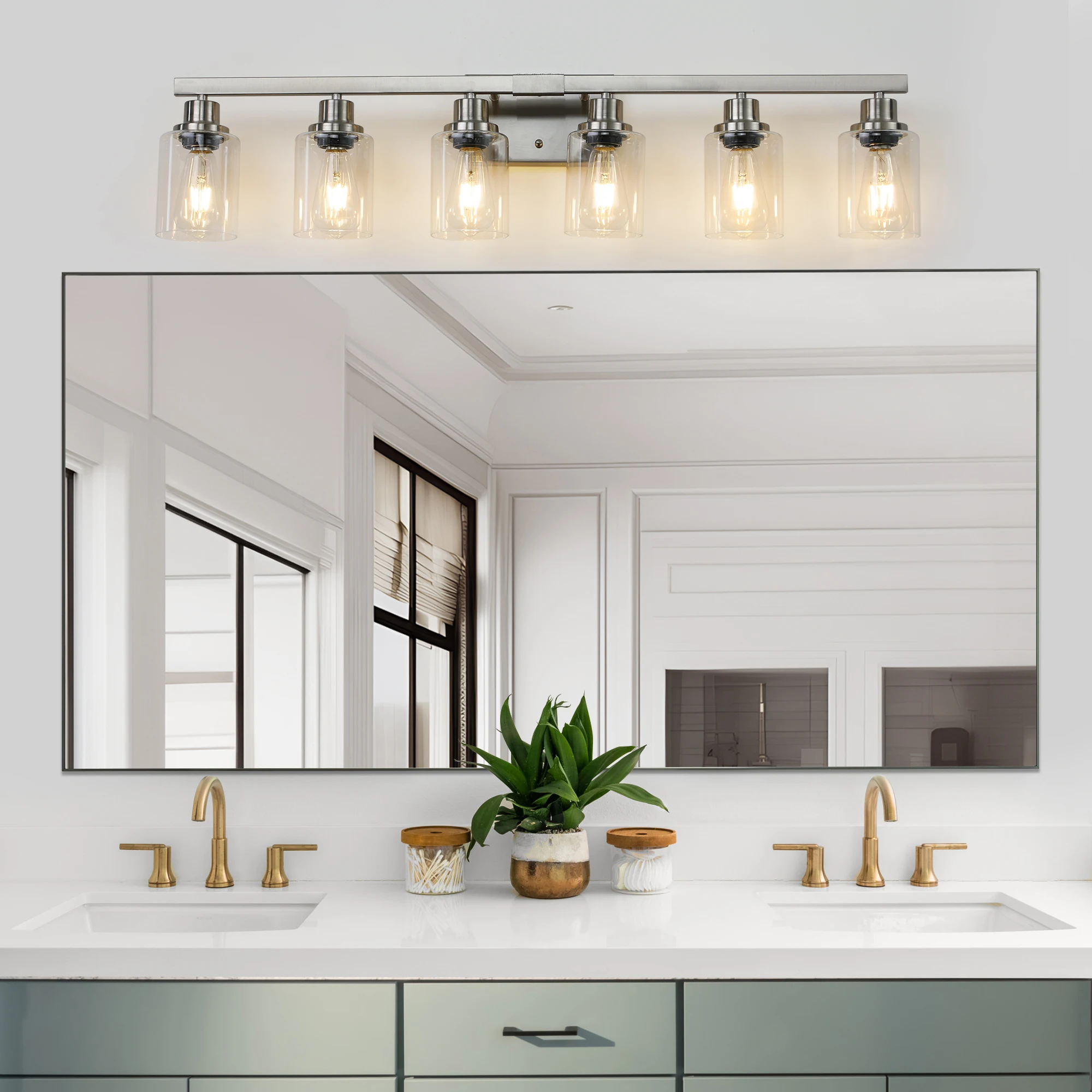 Modern 6-Light Bathroom Vanity Light Fixture - Brushed Nickel Finish with Clear Glass Shades(No Bulbs)