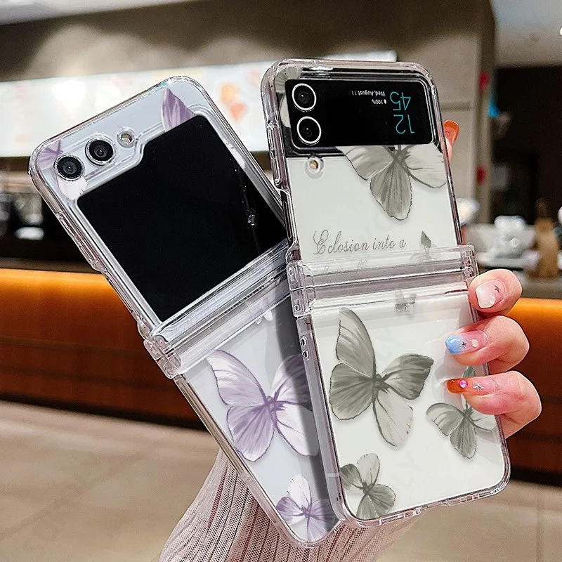 For Samsung Galaxy Z Flip7 FE Flip6 Butterfly Pattern Clear Folding Phone Case Transparent PC Cover For Samsung Z Flip 7 6 5 4 3