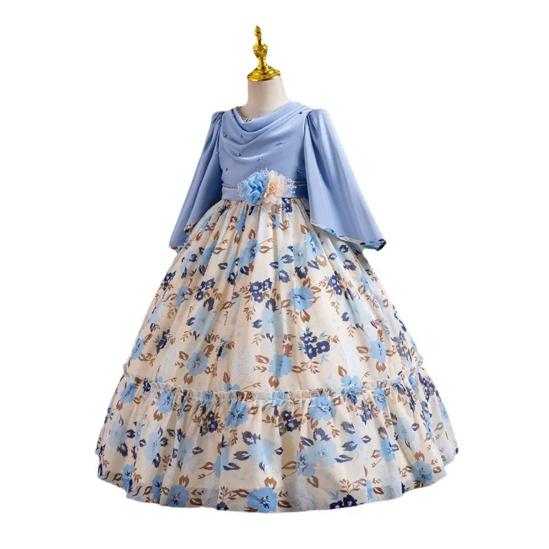 N76 Sweet Memory KID GOWN Шифоновые детские платья с цветочным узором для девочек Платье с длинными рукавами с цветочным принтом для девочек Высококачественные платья принцессы для подиума