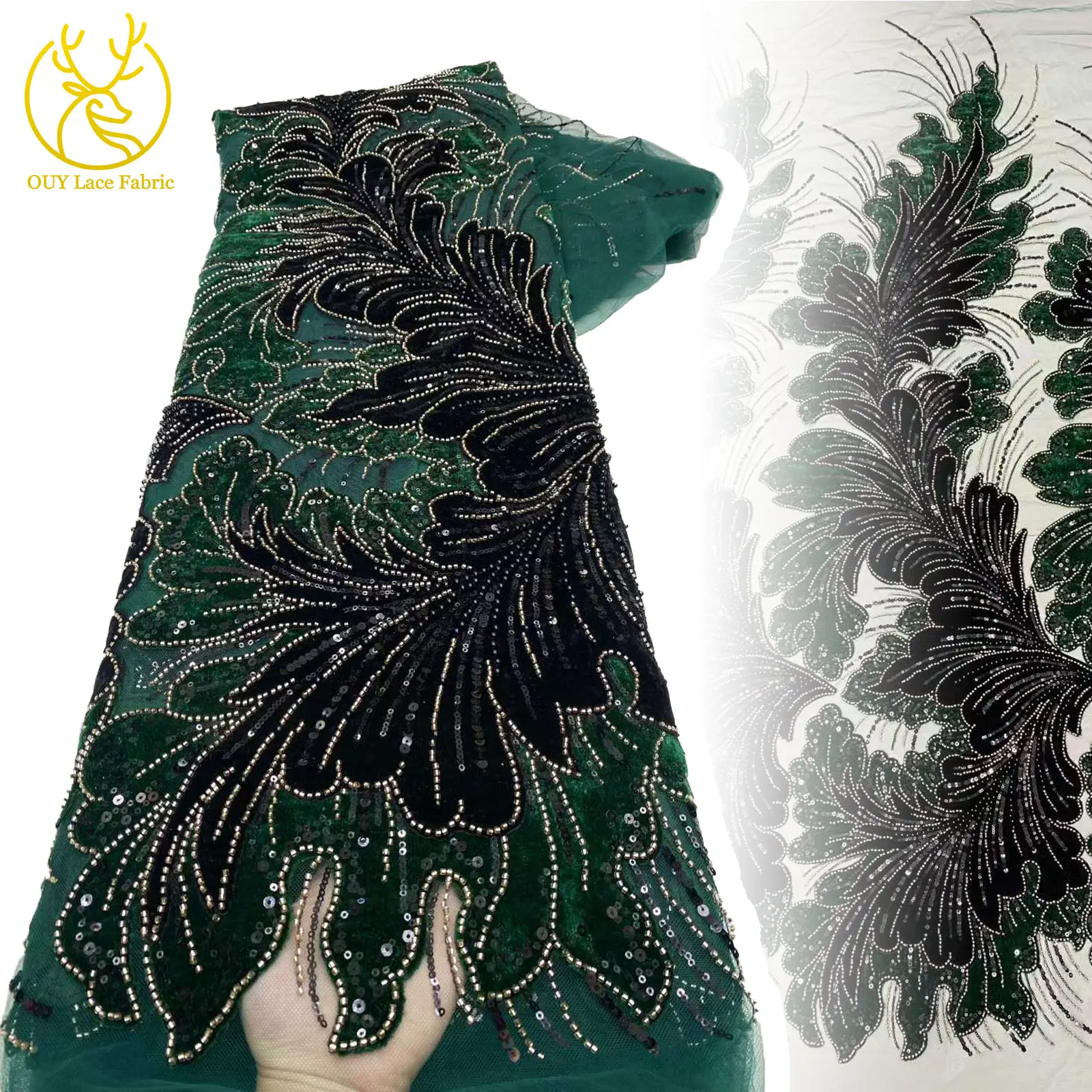 

Green Luxury French Soft Velvet Sequined Lace Fabric 2025 High-Quality Luxury African Beaded Lace Fabric Women's Formal Wear