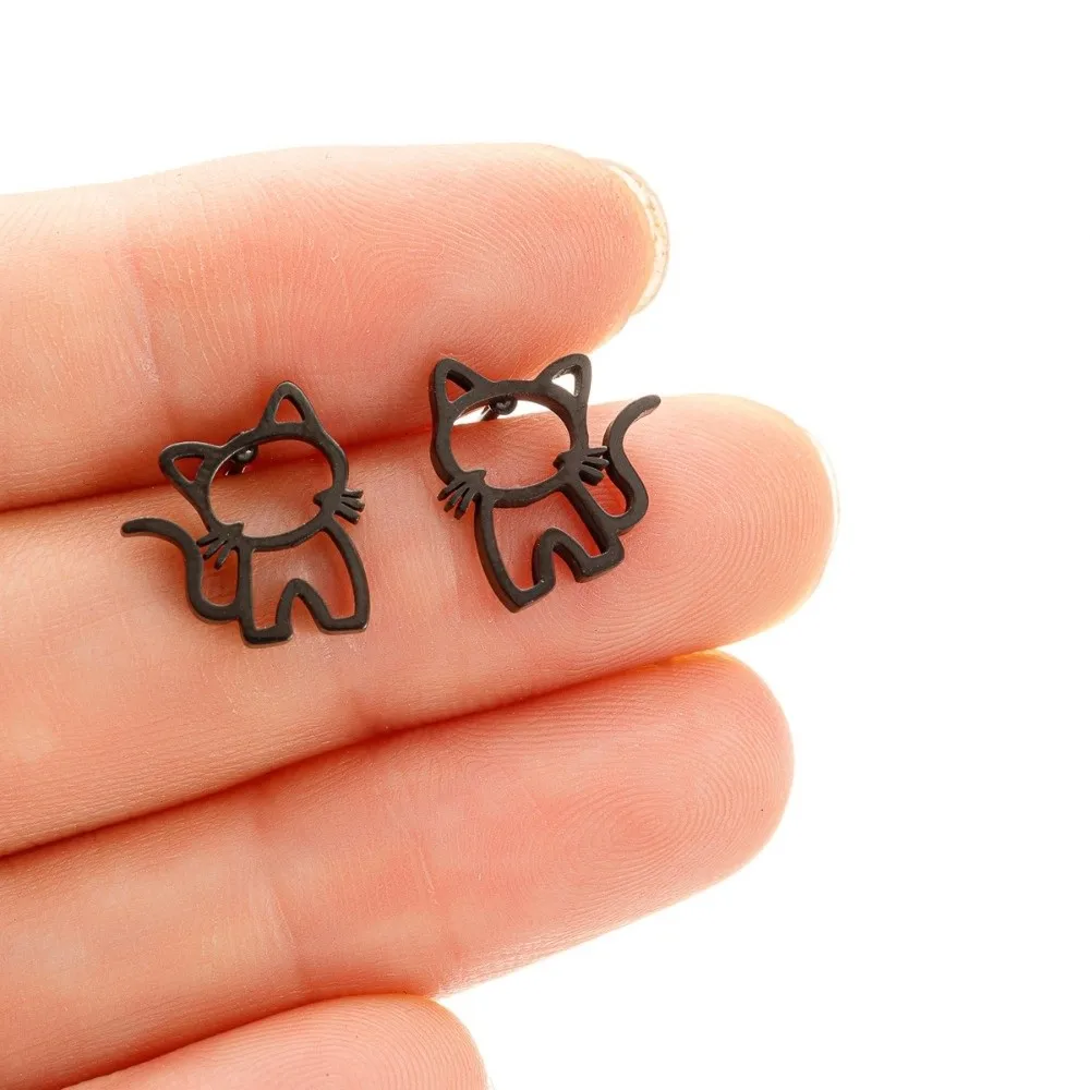 

Dainty Stainless Steel Cat Earrings Cute Design Trend Cartoon Hollow Out Ear Studs Fashion Punk Style Small Jewelry Daily