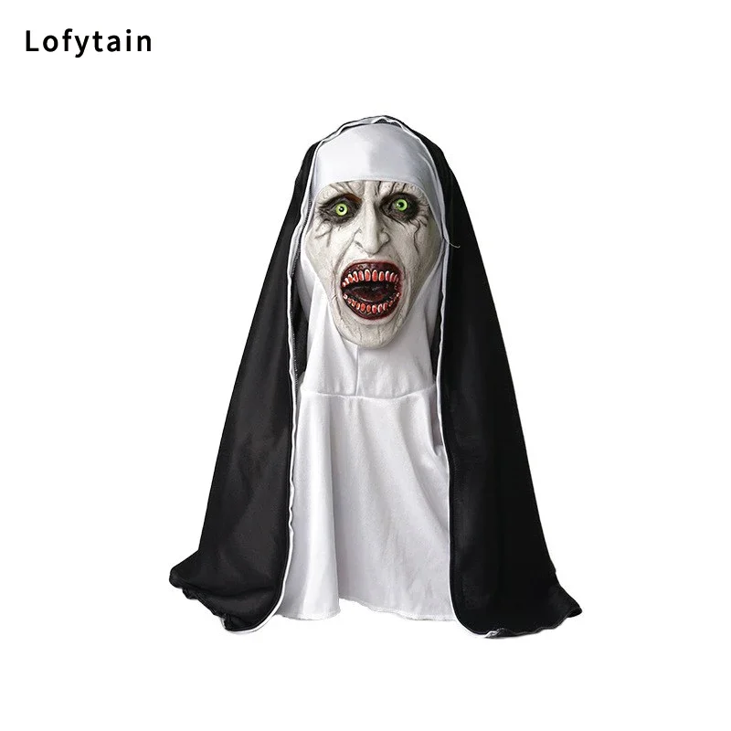 Halloween Horror Nun Latex  Mask Sister Headscarf Cosplay Scary Ghost Face Headgear Headpiece Carnival Party Costume Props