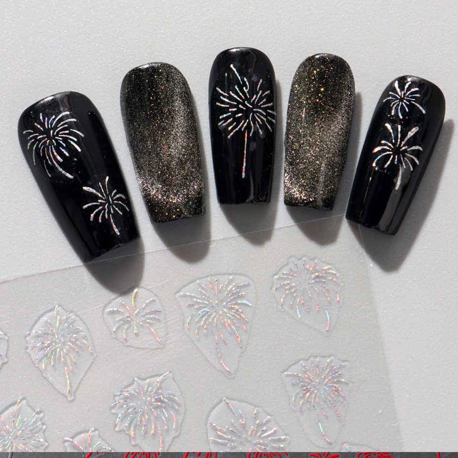 6 قطعة ملصقات الأظافر الألعاب النارية ، الذهب الأحمر الليزر تزهر الألعاب النارية نمط مسمار الشارات ثلاثية الأبعاد ذاتية اللصق مانيكير الزينة DIY بها بنفسك