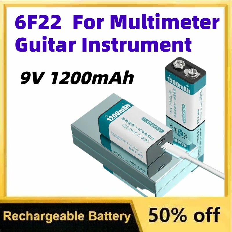 1200mAh 9V Square 6F22 Lithium-ion Rechargeable Battery USB Direct Charging for Multimeter Guitar Instrument Replaceable Battery