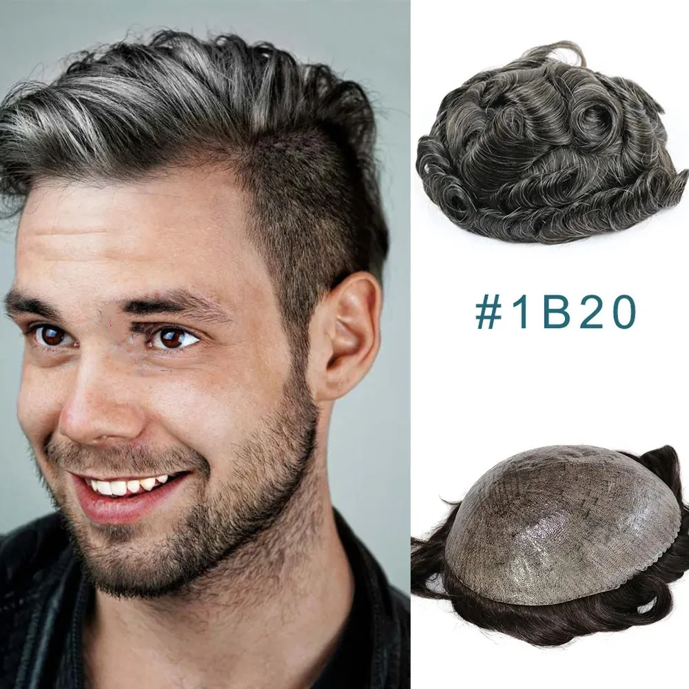 Durable Thin Male Wigs #1B20 #1B40 Grey Human Hair Men Toupee Natural Hairline Full 0.1 Skin Pu Replacement Capillary Prosthesis