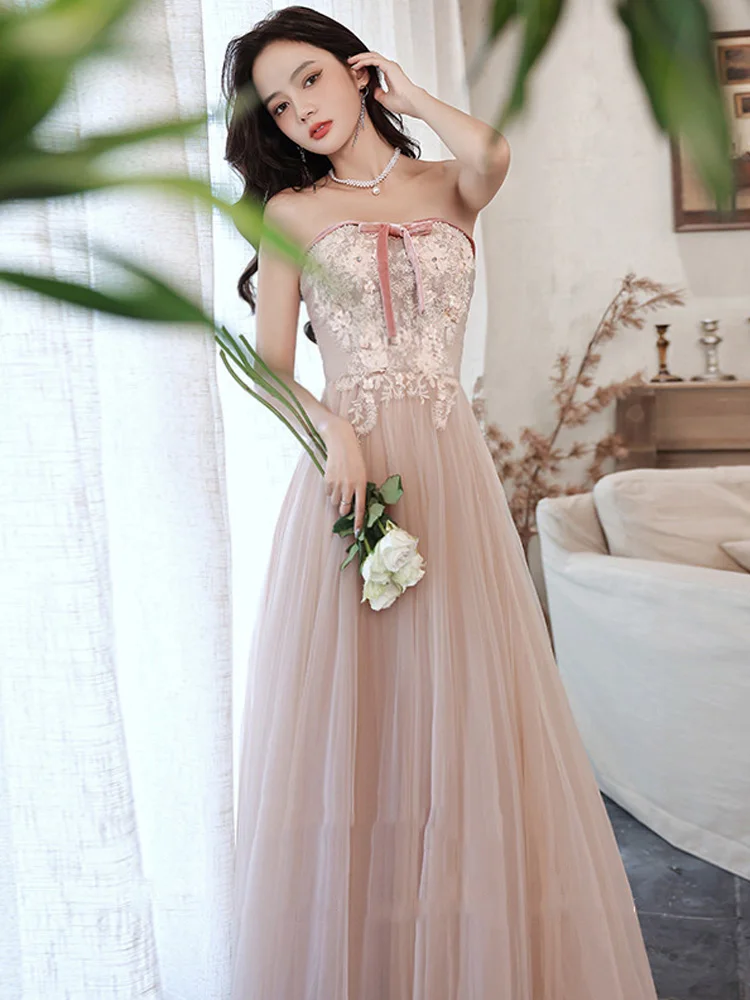 

Pink Strapless Evening Dresses Elegant Sweet Appliques Sleeveless Bridesmaid Dress Temperament Bow Princess Gowns