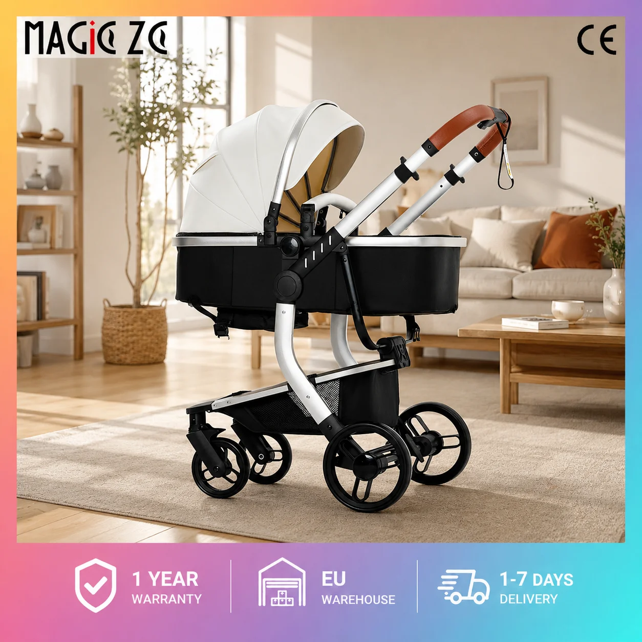 Poussette Bébé de Luxe avec Protection Dorsale Scientifique, Support en Plaque Rigide PP, Cuir PU Antibactérien, Châssis Robuste et Stable, Panier Haut, Suspension Indépendante 4 Roues