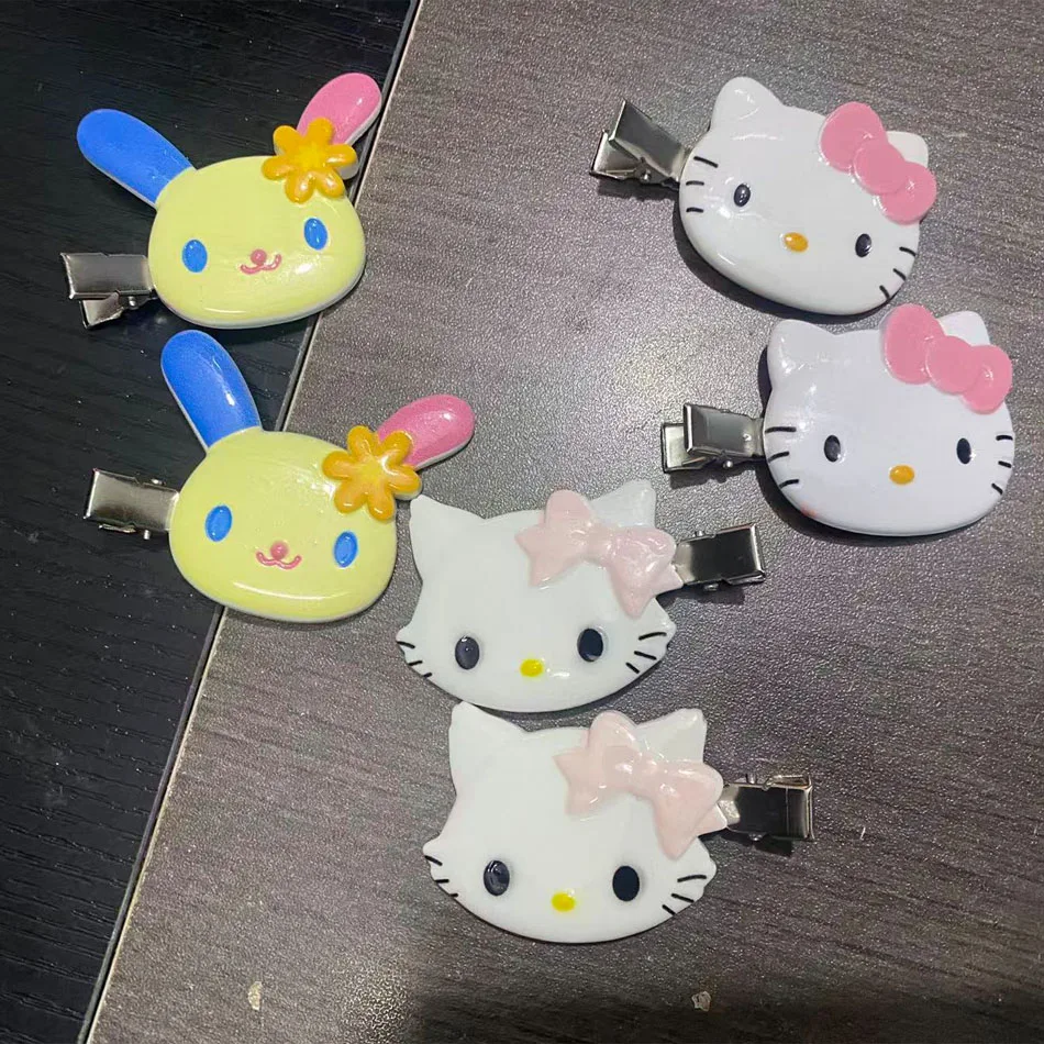 Kawaii Sanrio Black Skin Hello Kitty Hairpin Sweet Girls Cute Cartoon Bangs Side Clip Creative Headdress for Kids Birthday Gifts