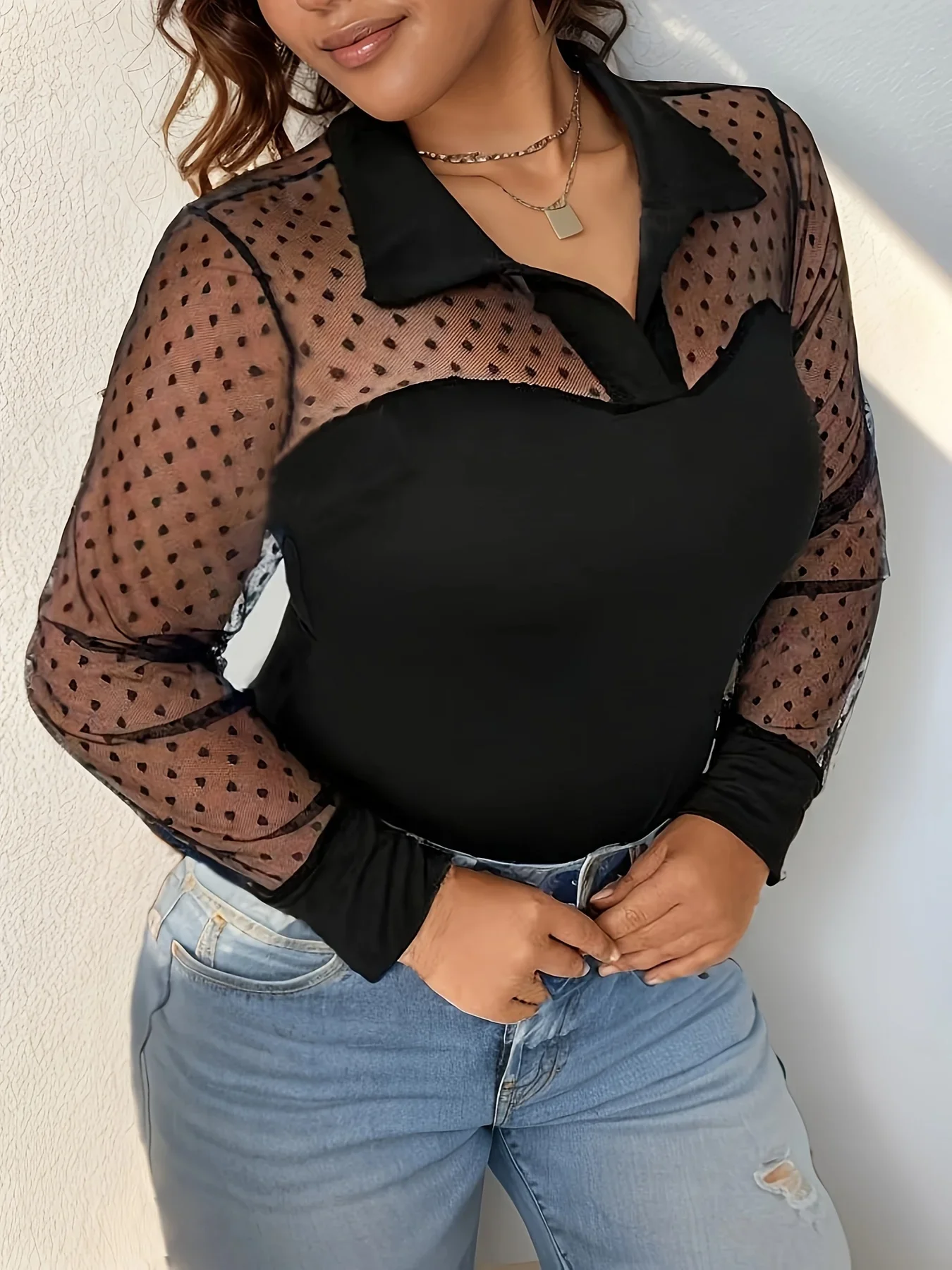 Plus Size Swiss Dot Mesh Stitching Blouse, elegancki top z kołnierzykiem i długim rękawem na wiosnę i jesień, odzież damska w dużych rozmiarach