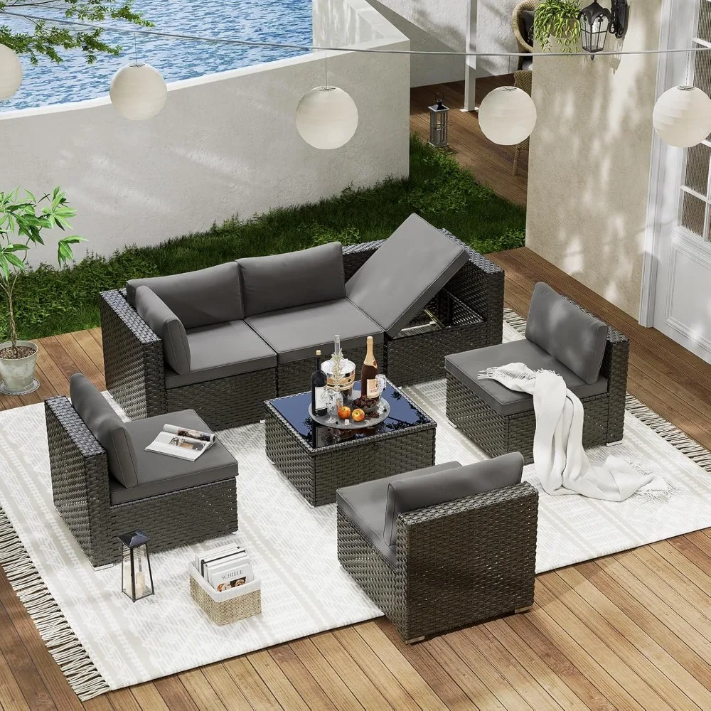 7 Pieces Patio Furniture Set, Modular Outdoor Sectional, Wicker Patio Sectional Sofa, Rattan Conversation Set - Gray Rattan