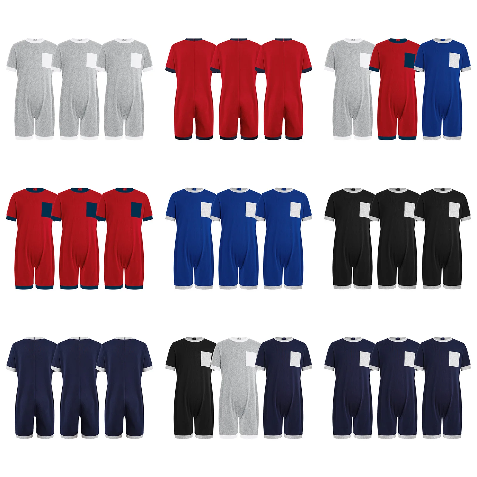 Boys Girls Short Sleeve Jumpsuit Contrast Color Special Needs Adaptive Clothing Anti-strip Zipper Romper 3pcs Kids Clothes