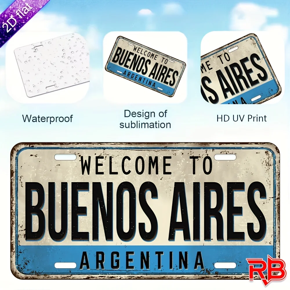 2D Flat, Vintage Buenos Aires Argentina License Plate Wall Art - 2D Flat UV Printed Aluminum Metal Sign with Argentine Flag Colo