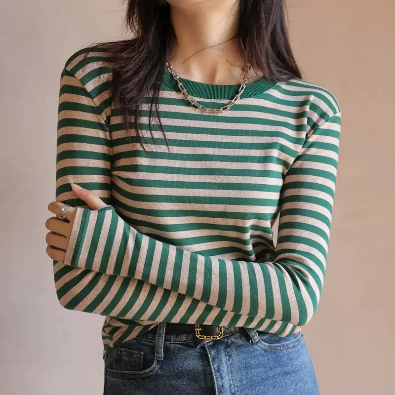 

Soft Comfortable 230g Thick Cotton T-shirt Classic Stripe Long Sleeve Tshirts Women's Versatile Loose Slim Bottom Tee Tops Green