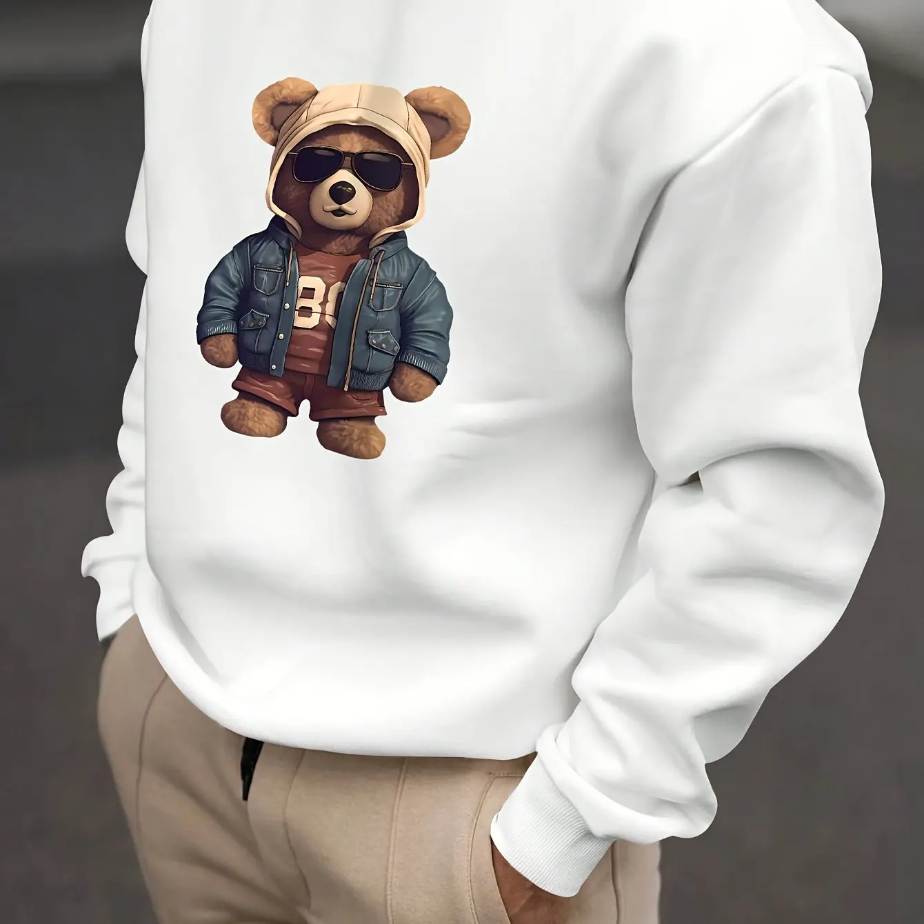 Fashion Cute Bear Graphic Men's Sweatshirts Autumn Loose Breathable Long Sleeve Clothes Simple Design Loose Round Neck Pullovers