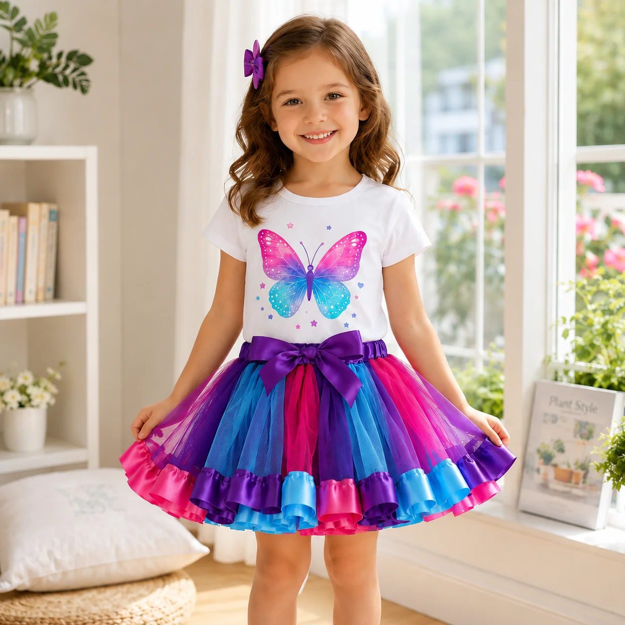 Tenue 2 pièces pour enfants, T-shirt en coton à manches courtes imprimé papillon arc-en-ciel + jupe Tutu en Tulle superposée violet rose bleu, pour filles, anniversaire