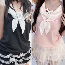 Japanese Cute Vest Subulture Lace Y2k clothes Cartoon Women Short Sleeve T-shirt Summer Pink Black Kawaii Sweet Girls Tanks