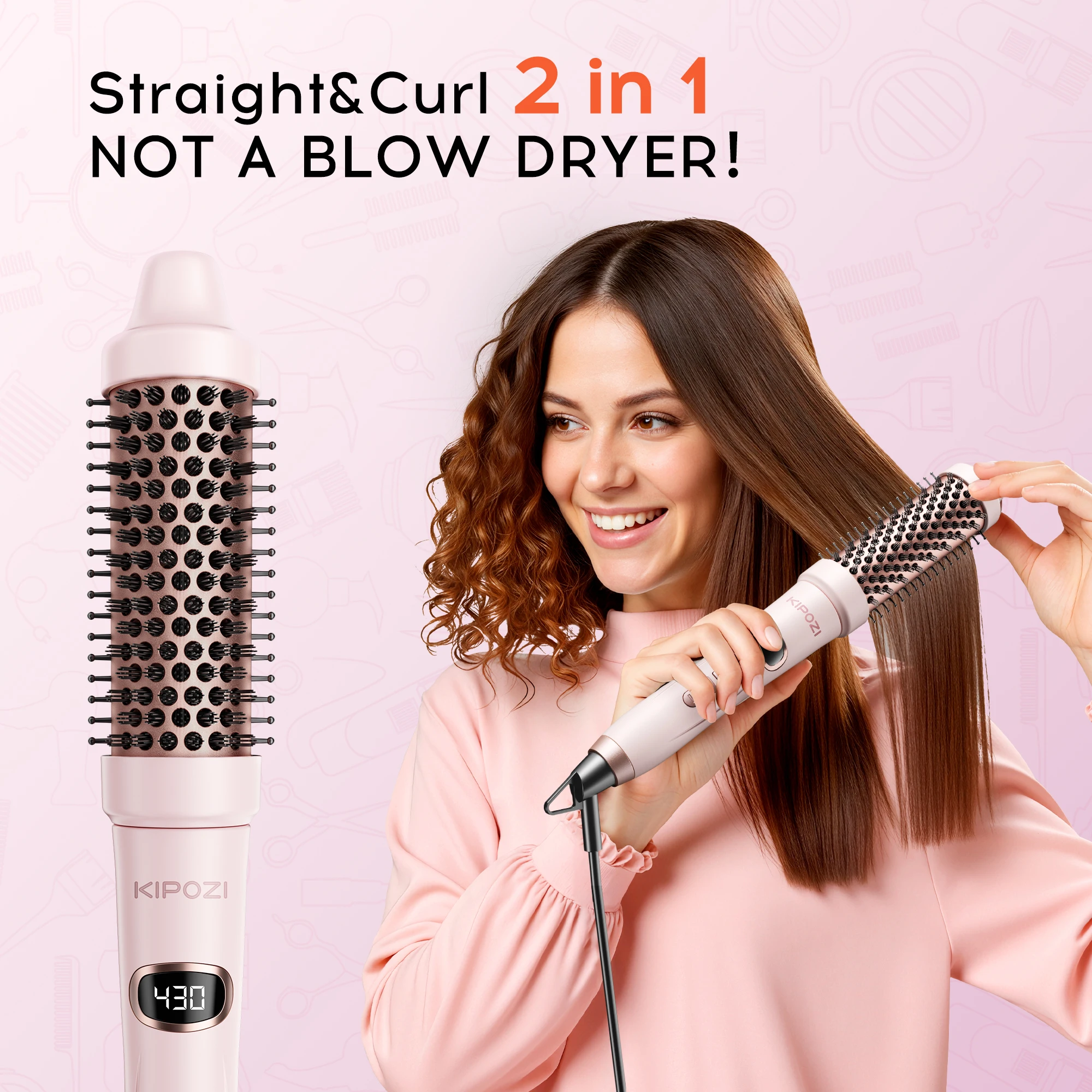 KIPOZI الوردي ساكورا التورمالين السيراميك مجفف الشعر 1.5 بوصة فرشاة مستديرة تفجير دفعة الجهد المزدوج 5 إعدادات درجة الحرارة أقل السد