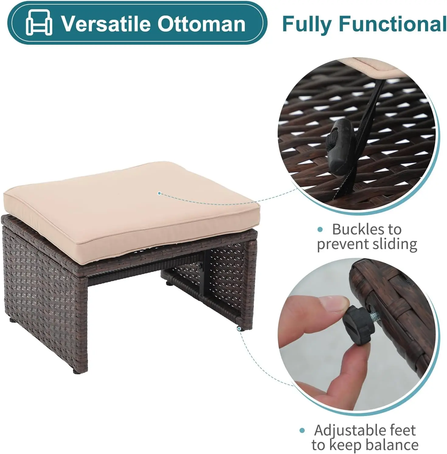 Outdoor 3-Piece Patio Set, Brown Rattan Loveseat with Ottoman & Side Table, Beige, All-Weather Wicker