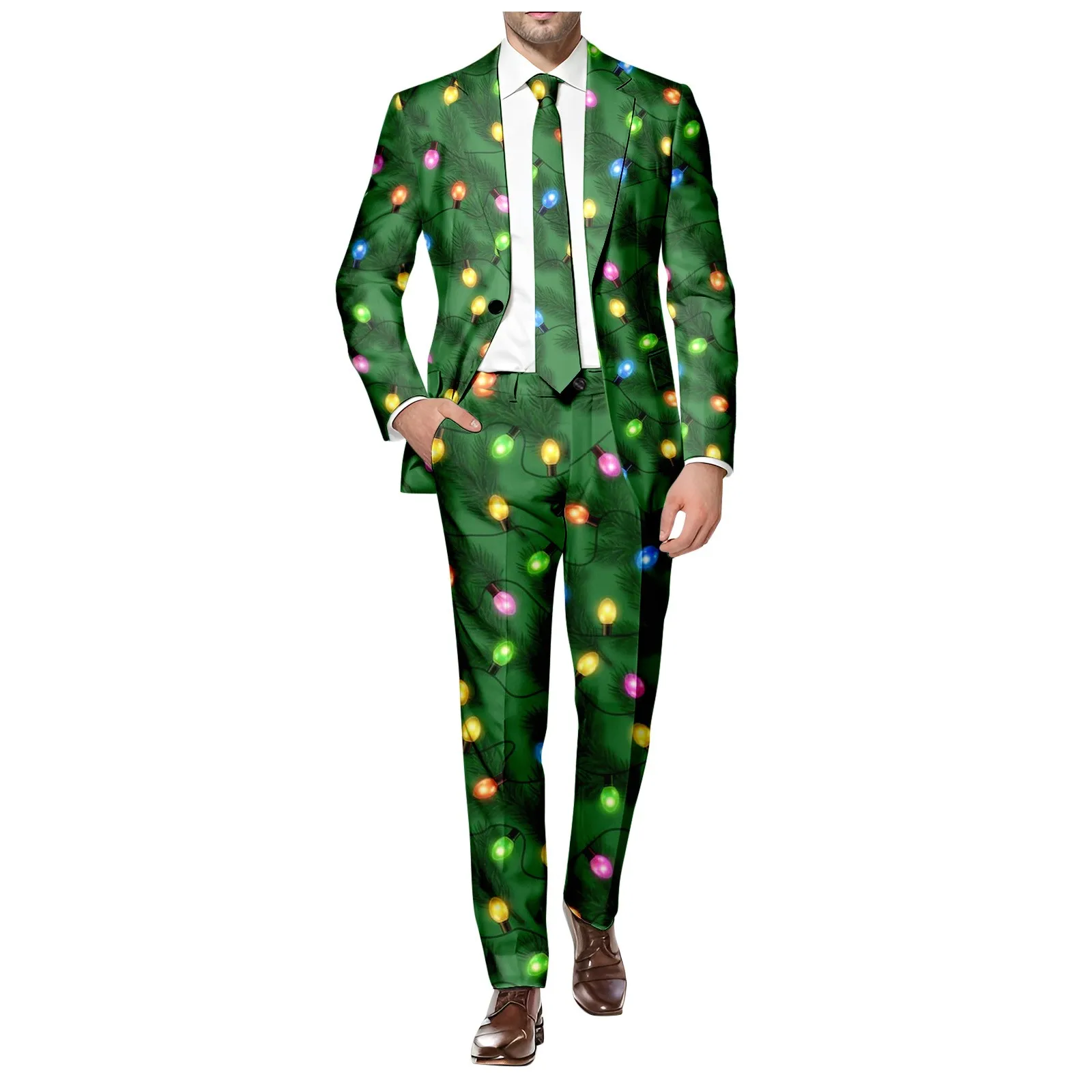 Christmas Printed Slim Fit Casual Comfy Suit Pants Set Men One Button Lapel Pocket Suits High Waist Trousers Two-Piece Suit