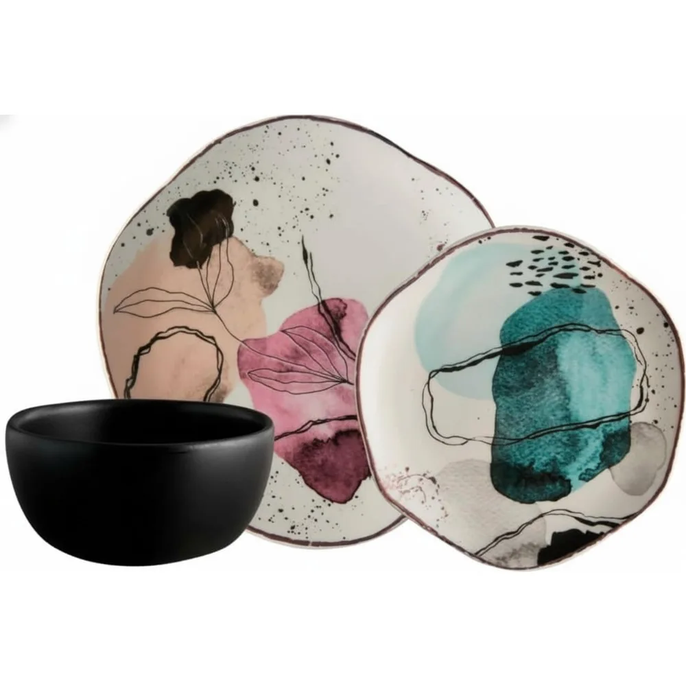 

12-Piece Irregular Shapes Watercolor Ceramic Dinnerware Set | Plates & Bowls | Service for 4 | Elegant Dining