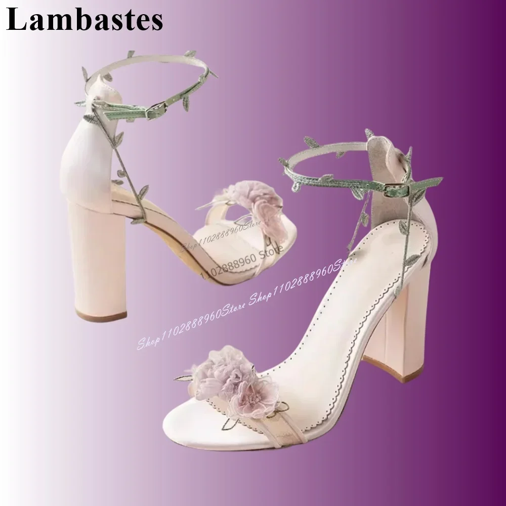 

Pink Leather Strip Flower Shallow Sandals Chunky High Heel Women Shoes Ankle Buckle Strap Open Toe Banquet Casual Women Sandals