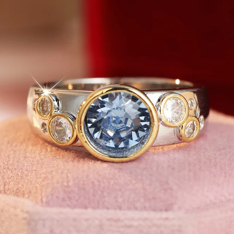 Exquisite Inlaid White Blue CZ Women's Ring Vintage Two Color Hand Carving Daily Wear Party Jewelry Anniversary Gift