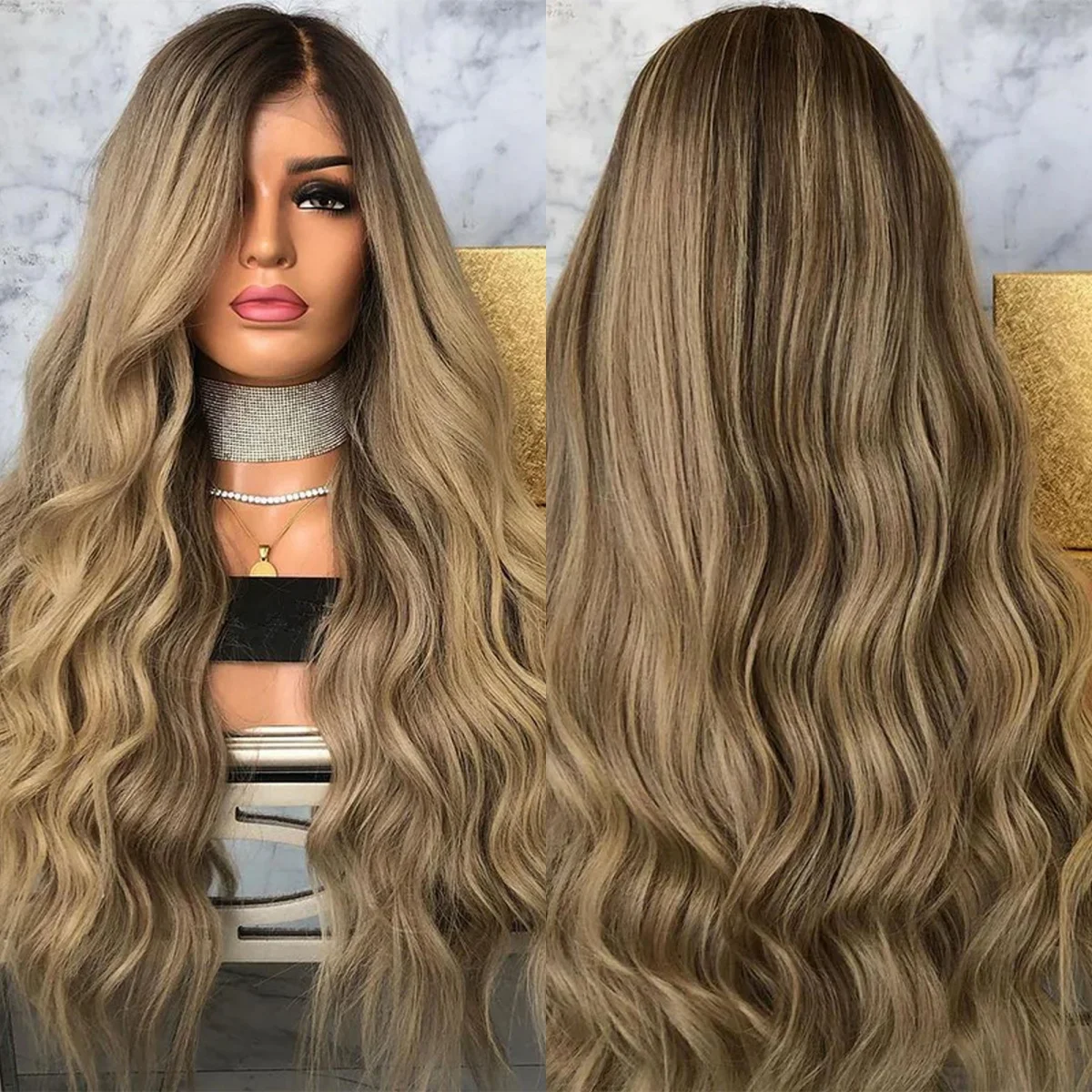 

26 дюймов Ombre карамельно-коричневый мелирование 13*4 HD невидимые парики фронта шнурка объемная волна длинные бесклеевые парики синтетические волосы