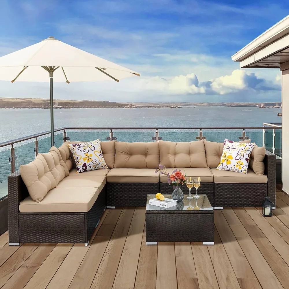 

7 Pieces Patio Furniture Set, All-Weather PE Rattan Conversation Set, Outdoor Sectional Sofa Wicker Outside Couch with