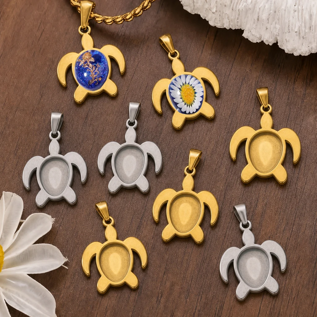 5 Stück Edelstahl-Schildkröten-Anhänger, passend für 11x14mm Rohlinge, Fassungen für Cabochons, für Foto-Harz-Schmuckherstellung, DIY-Anhänger – Detail 1