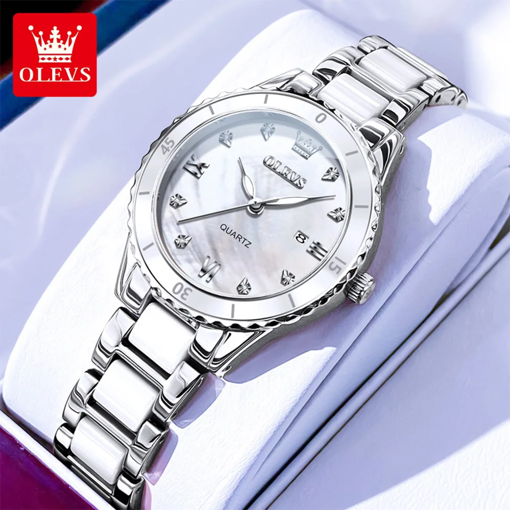 

OLEVS 9985, женские часы, роскошный керамический ремешок, кварцевые часы из нержавеющей стали с бриллиантами, женский подарочный набор