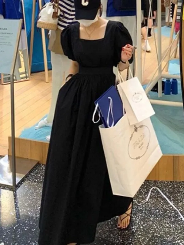 Elegant Pure Color Spring New Style Women's Dress Square Collar Bubble Sleeve Long Skirt Dress Casual Versatile Korean Style