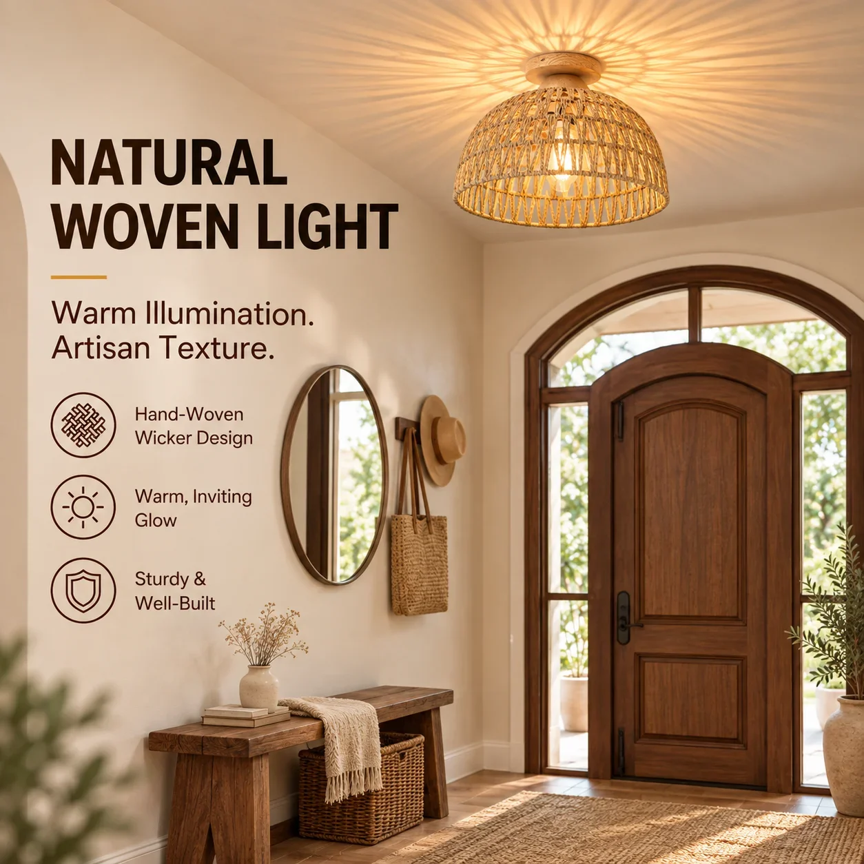 JOYINLED Vintage Handmade Woven Rattan Shade 12 Inch Close to Ceiling Light Fixture for Entryway, Cloakroom, Walk-in Closet