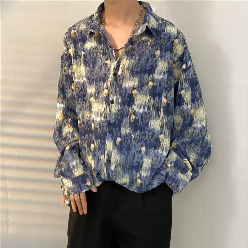 

Retro Hong Kong Sle Long Sve Casual irt Men's Autumn Faionable Trendy Haome Floral Design Unique Couple Jaet
