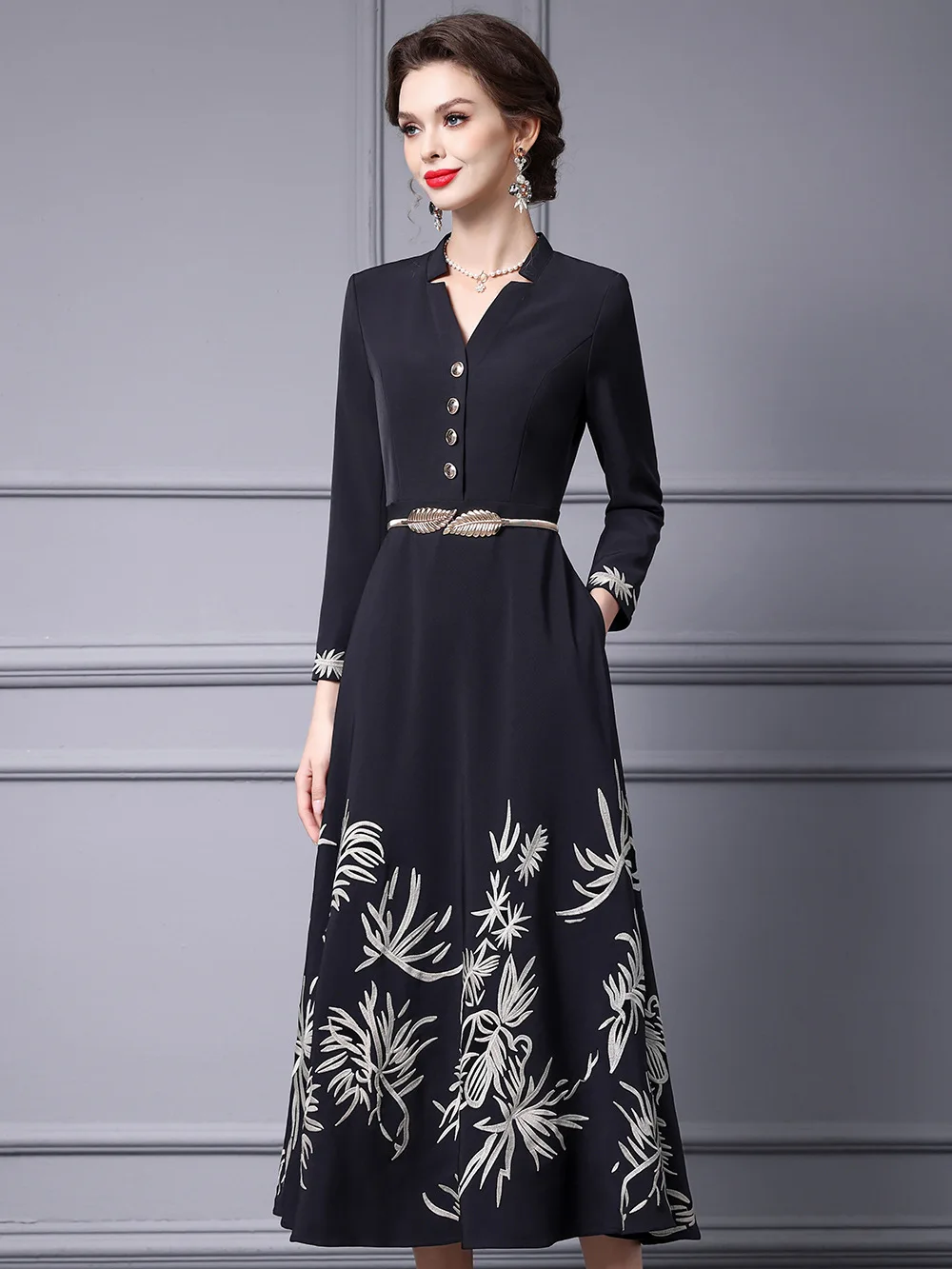 ZJYT Women's Vintage Embroidery Long Dresses Spring 2025 New Designer Full Sleeve Black Evening Prom Dress with Belt Vestidos