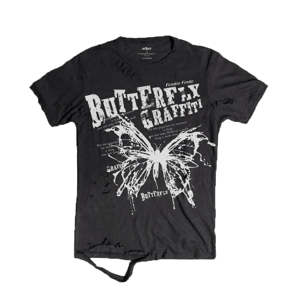 American Retro Style T-Shirt with Splashed Ink  And Hole Design Breathable Cotton Short Sleeve round Neck Top