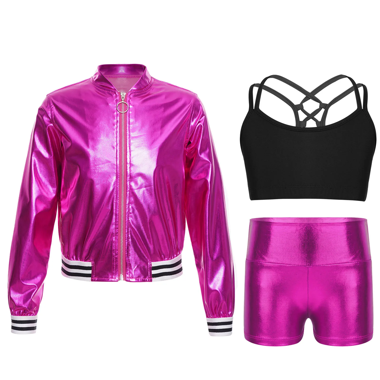 

Hip Hop Girls Clothing Set Jazz Costumes Kids HCriss Cross Back Vest with Shorts and Jacket Sports Set Modern Dance Street Wear
