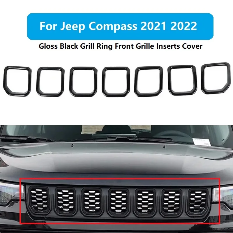 7PC Gloss Black Grill Ring Front Grille Inserts Cover Trim Kit For Jeep Compass 2021 2022 Trim Mesh Grille Inserts Covers