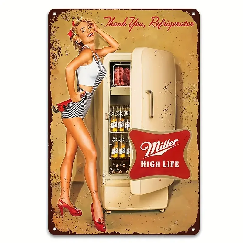 1pc Authentic Vintage Metal Tin Sign - Miller Beer Pin-Up Girl Art - Durable 12x8 inches Plaque - Adds Charm to Home Bar, Pub, K