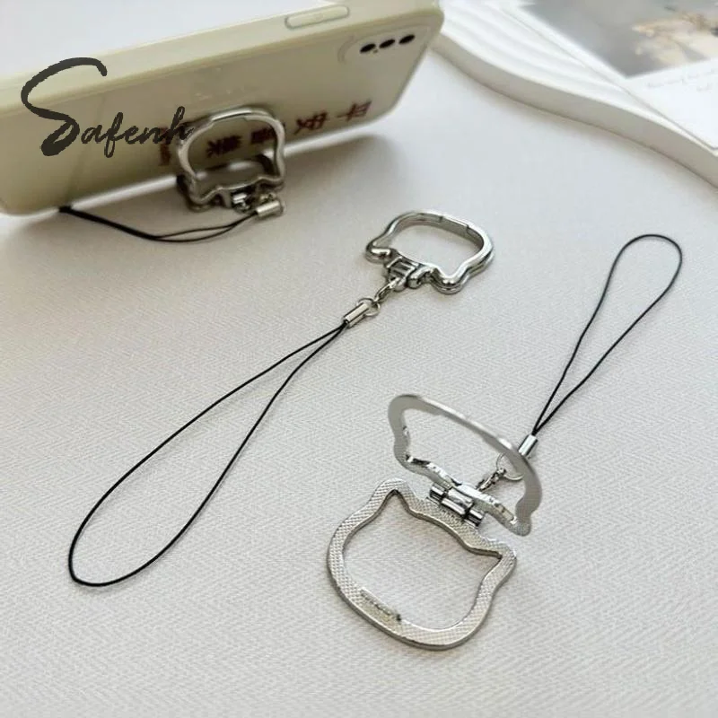 Cute Cat Shaped Alloy Phone Lanyard With 2 In 1 Finger Ring And Foldable Stand Perfect For Watching Videos Daily Use Travel
