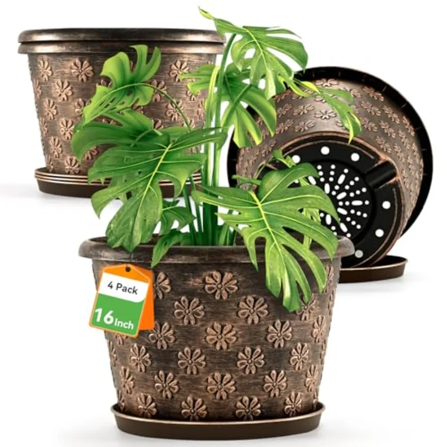 

Набор из 4 больших пластиковых цветочных горшков (16 дюймов) для растений, для дома и улицы, с дренажным поддоном, в ретро-стиле